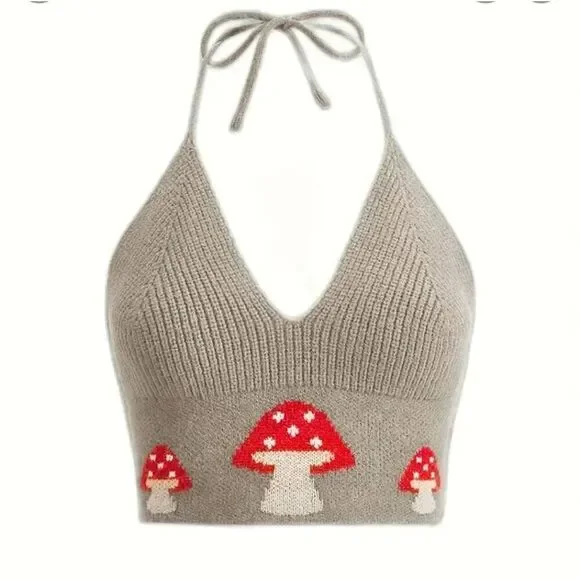 Knit halter, crop top green with mushrooms. New without tags