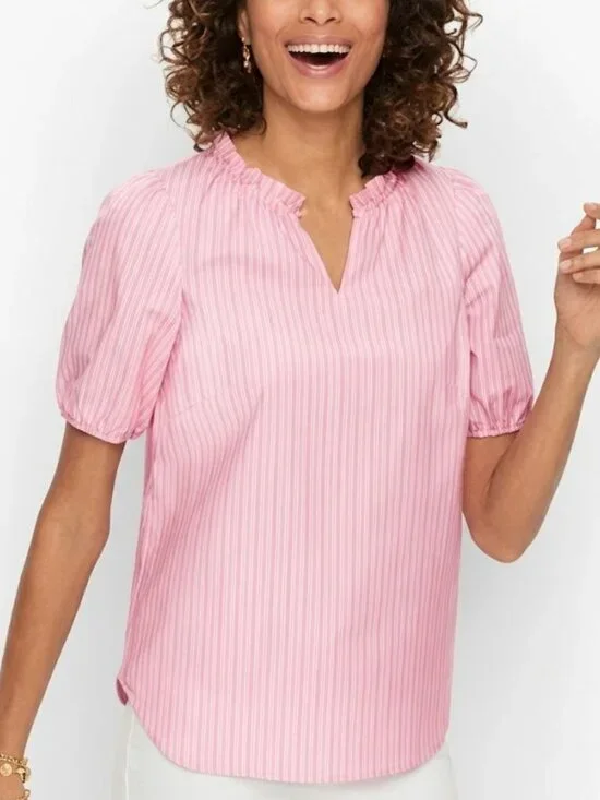 Talbots City Stripe Ruffle Popover Blouse Pink White M