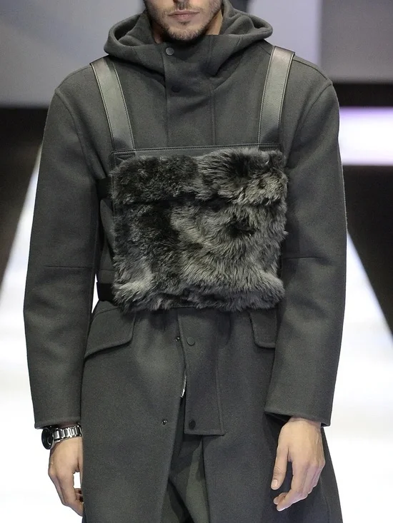 NWT Emporio Armani Fall 2017 Runway Fur Leather Chest Rig Vest Bag Black Gray