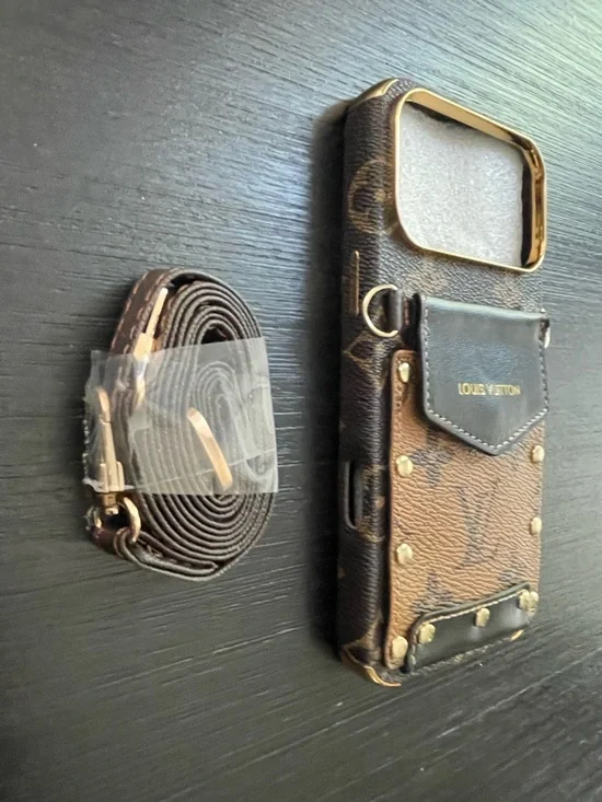 iPhone 17 pro max wallet crossbody Canvas Brown and Gold Studded Phone Case