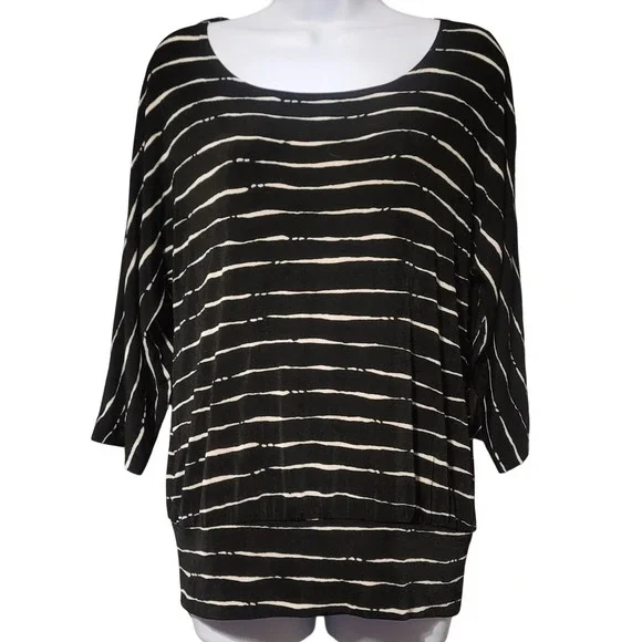 Chicos Travelers Womens 0 Small Black White Striped Dolman 3/4 Sleeve Blouse Top