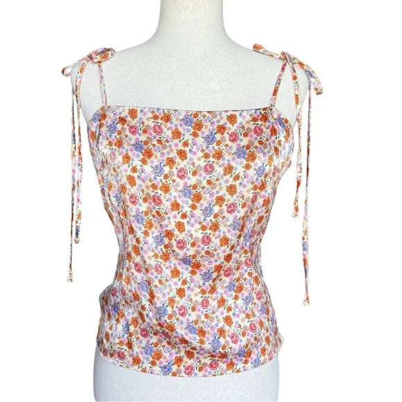 Topshop Floral Top Tie Strap Cami Tank Orange Pink Ditsy Flowers Blouse US 12