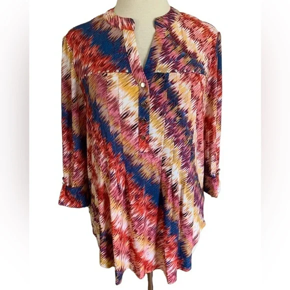 COCOMO XL Red Blue Yellow 3/4 sleeve women’s Pintuck Blouse top shirt tu…