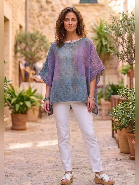 Andrea Geer Art to Wear Cotton Gauze Poncho Top Abstract Purple Blue OS Fit
