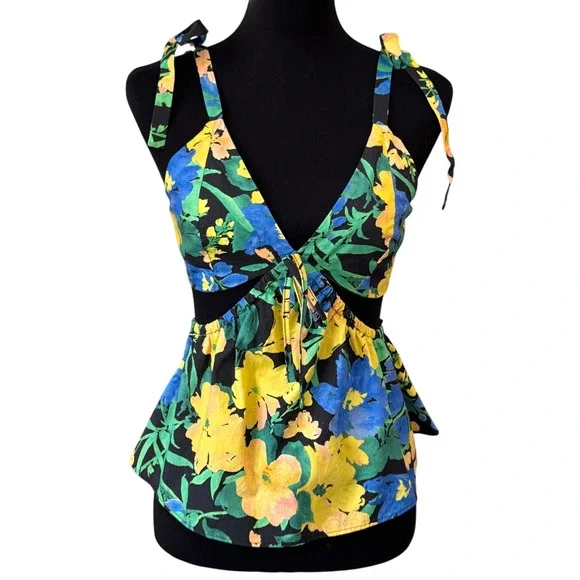 New TOPSHOP NORDSTROM Multicolor Floral Cutout Peplum Camisole 100% Cotton 4