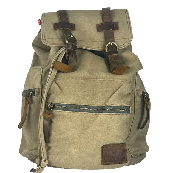 Augur Strauss Backpack Laptop Canvas Drawstring Leather Trim Boho Hiking Unisex