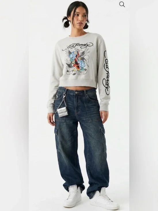 Vtg Ed Hardy Koi Fish Tattoo Graphic Sweatshirt Beige XL Y2K Streetwear