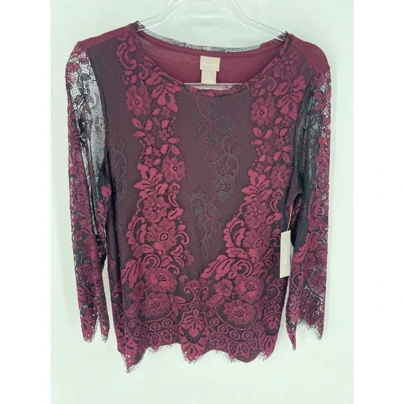CHICO'S Lace Front Top Sz Small Deep Merlot Long Sleeve Floral Eyelash Knit NEW