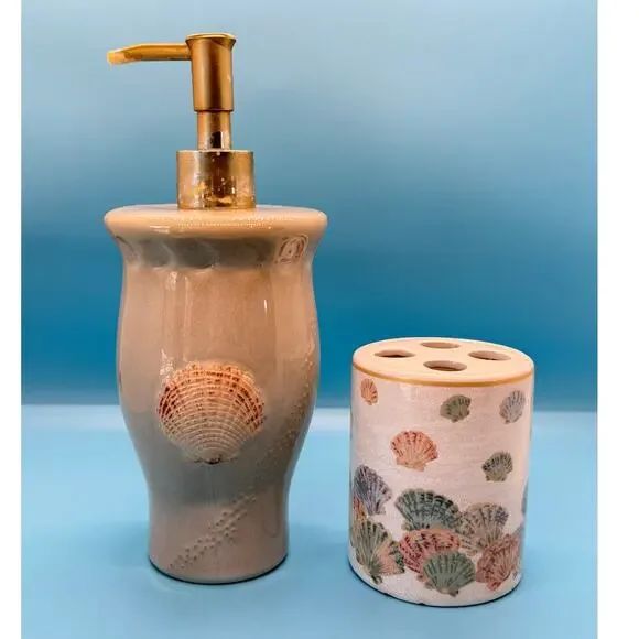 VTG‎ Coastal Seashell Ceramic Soap Dispenser & Toothbrush Holder Beach Bath Set