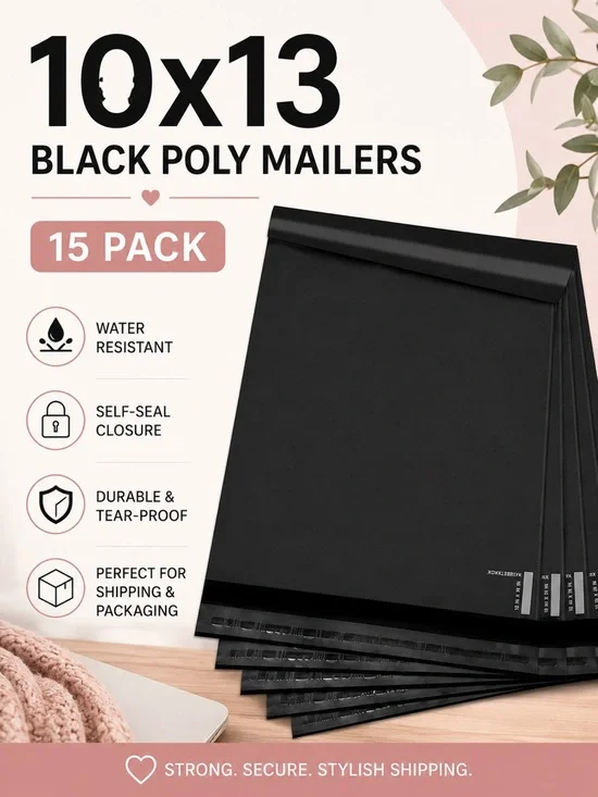 10x13 Black Poly Mailers - 15 Pack