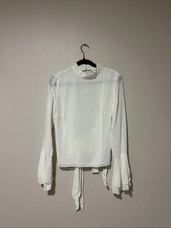Reformation Ivory Long-Sleeve Tie-Back Ruffle Blouse