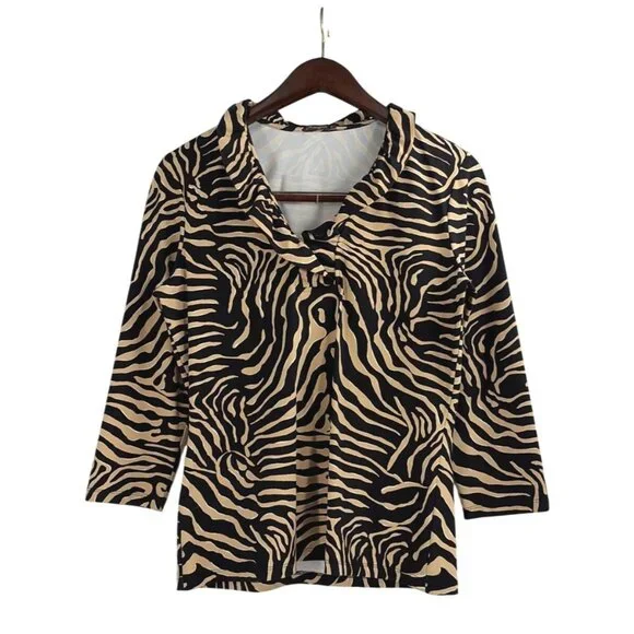 J. McLaughlin Durham Ruffle Neck Top Tiger Print Catalina Cloth Womens Medium