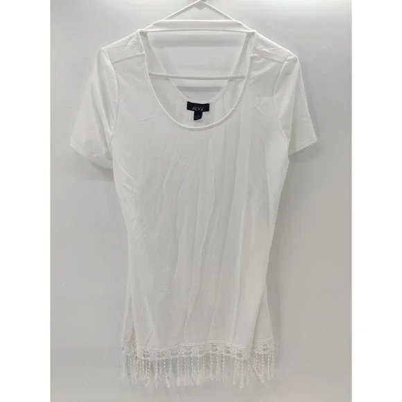 ALYX Women's Ivory Short Sleeve Crochet Fringe Hem Top‎ Size Large NWT