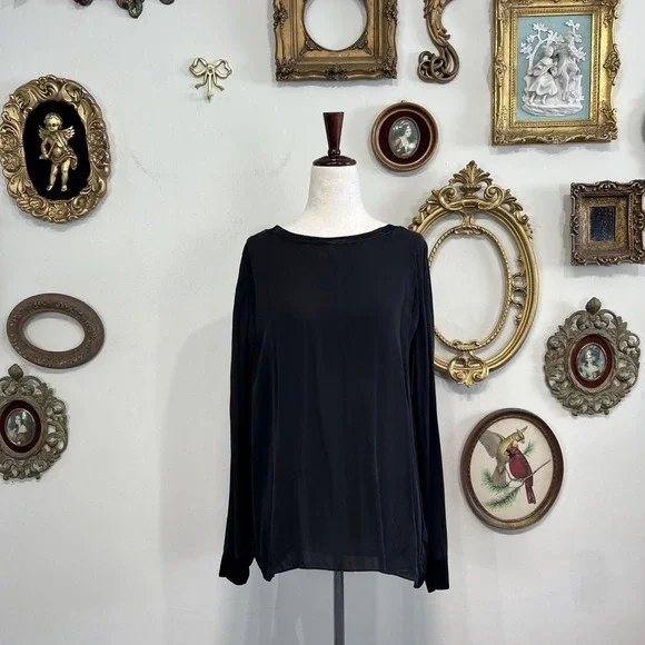 Vince Black Silk Long Sleeve Top Blouse Round Neck Size L