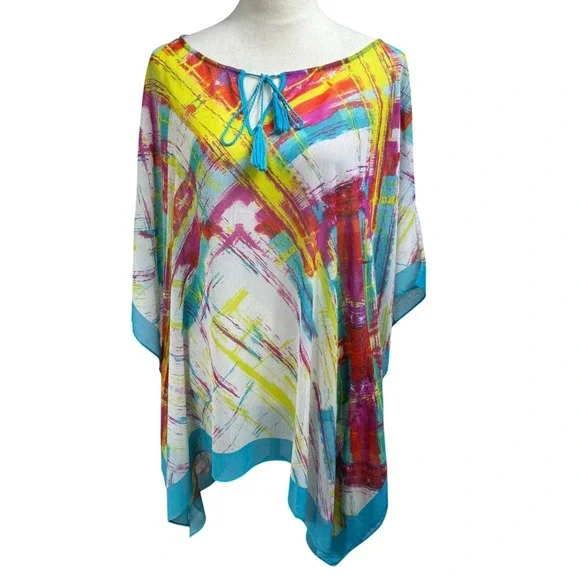 Rose & Olive Womens 2X Kaftan Tunic Top Abstract Print Blue‎ Tassel Boho