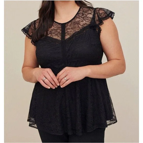 Torrid Sz 4 Black Peplum Lace Ruffle Sleeve Babydoll Top Romantic Goth Feminine