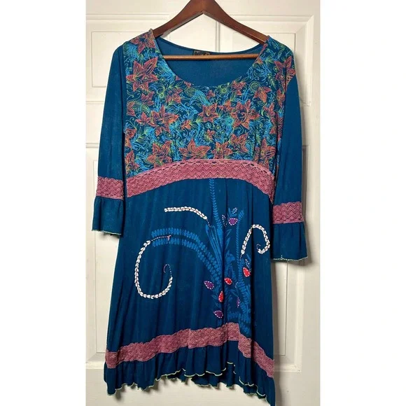 Rising International NEPAL HANDMADE TEAL with MULTI-COLOR FLOWER‎ Viscous Dress