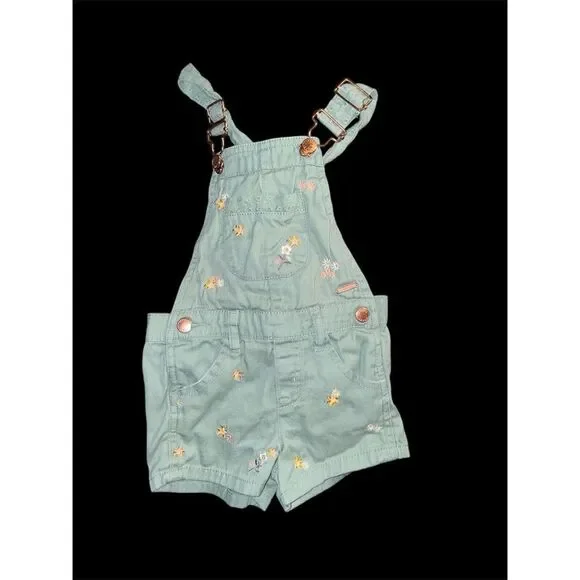 Tahari  Girl 2T Blue‎ Denim Embroidered Flowers Short Overalls