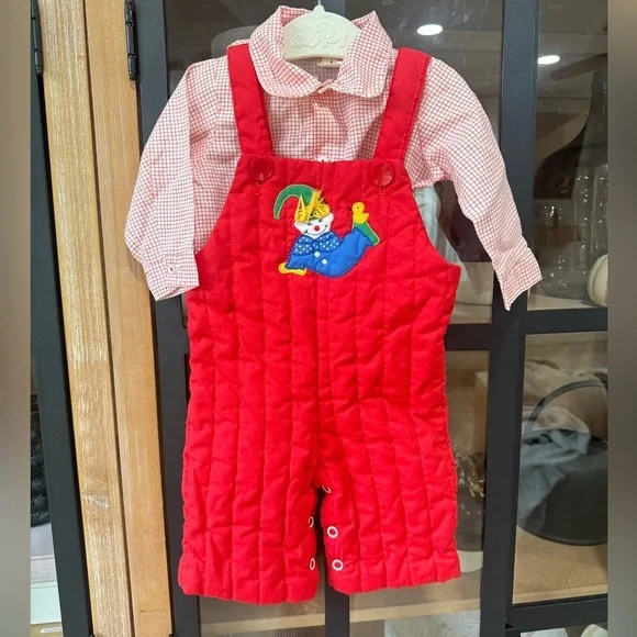 Vintage 1970s clown overalls set jumpsuit embroidered applique baby longall tee
