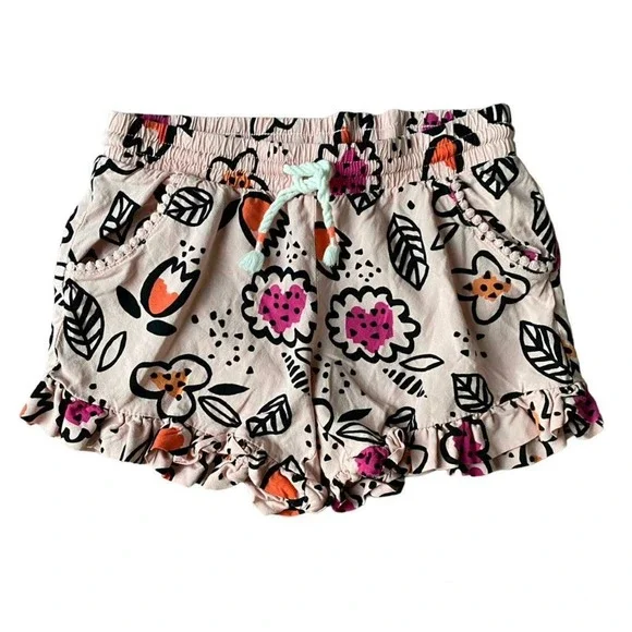 Girl Medium 7-8 Light Pink Bold Black Flowers Floral Print Ruffle Stretch Shorts