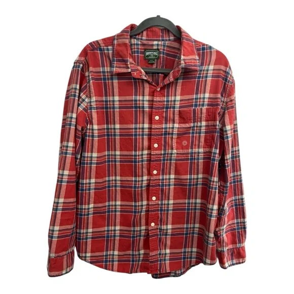 American Eagle Plaid Red Blue Button Down Women’s Flannel Size Large Boho Fall