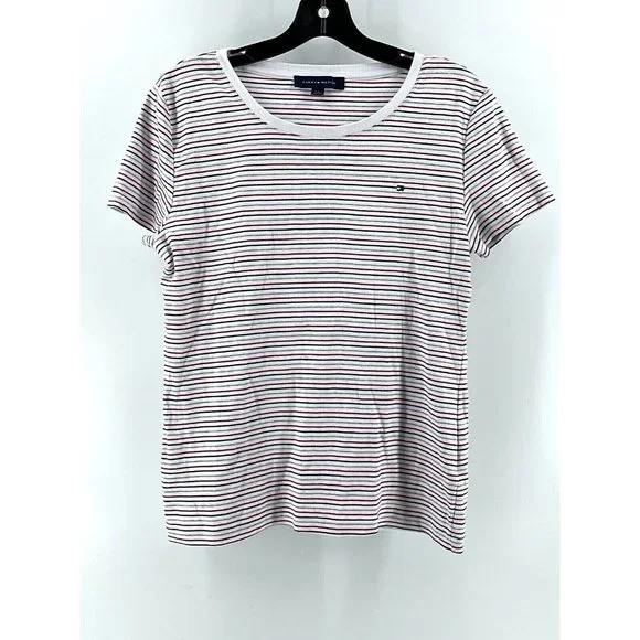 Tommy Hilfiger Women's Short Sleeve Red White Blue Gray Striped Shirt Top Size L
