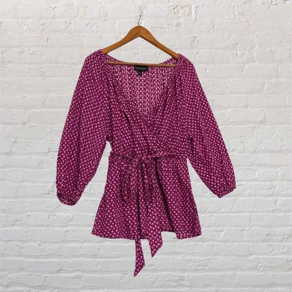 Lane Bryant Purple Pink Geometric Wrap Top Cotton‎ Balloon Sleeve Blouse 18/20