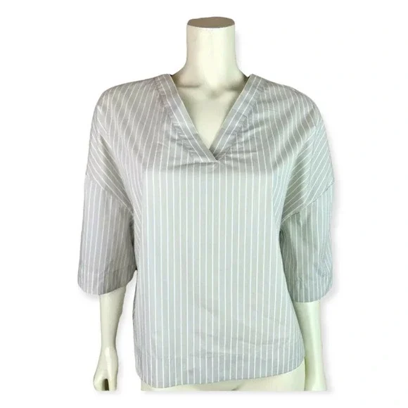 Anna Seravalli Stripe Vneck Half Sleeve White Blouse Top