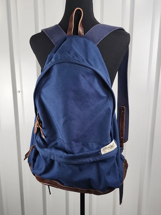 Ralph Lauren Rugby FC Classic Navy Canvas Backpack Brown Leather Trim 15x19x4