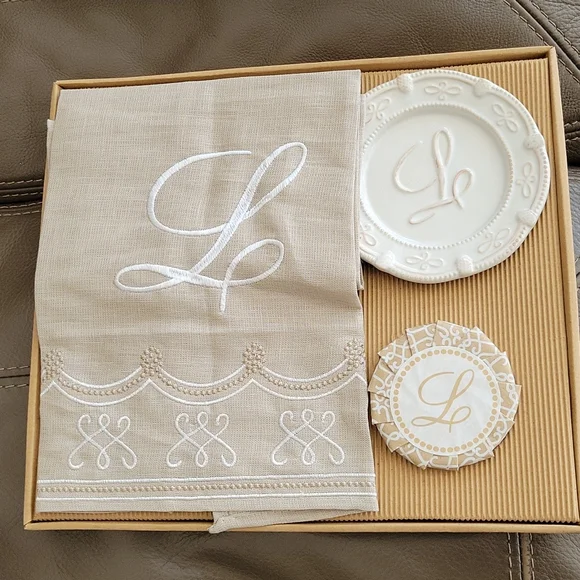 Mudpie 3 piece L monogrammed linen hand towel and soap set