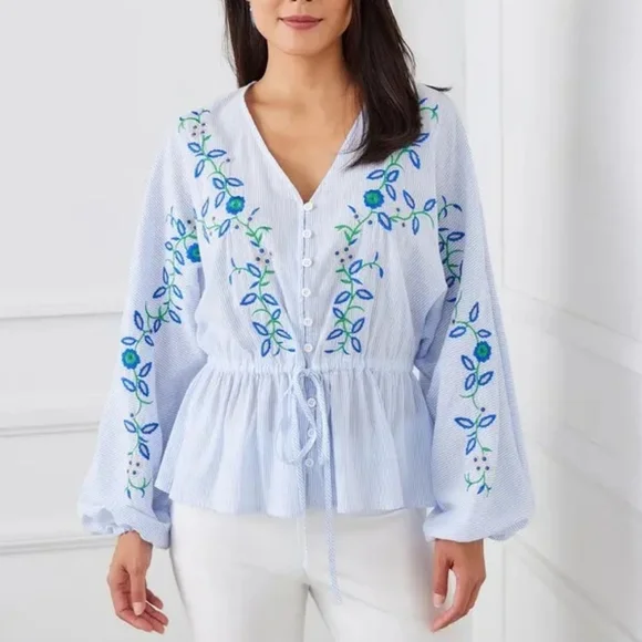 Karen Kane Embroidered Drawstring Top V-Neck Blouson Sleeve Top