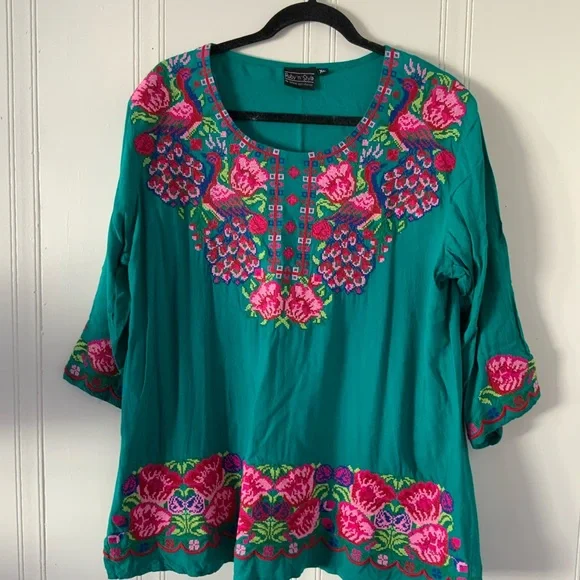 Elegant Teal Blouse with Pink Floral Design 3/4 Sleeves