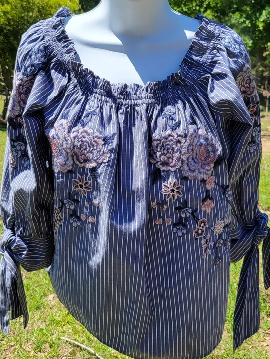 American Eagle Outfitters Navy Striped Floral Embroidered Off-Shoulder Blouse
