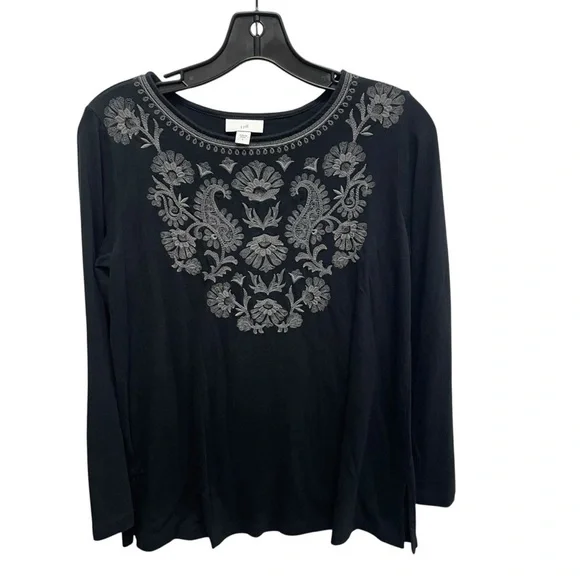 J.Jill Black Women’s embroidered long sleeve top Size small cotton modal black