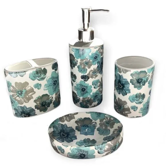 Floral Bath  Accessory Ceramic Set Sun Splash Collection White Blue 4 Piece Set