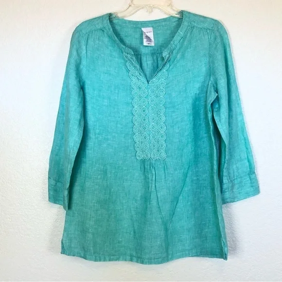 Lands End Linen Tunic Top V Neck Embroidered 3/4 Sleeves Size 8