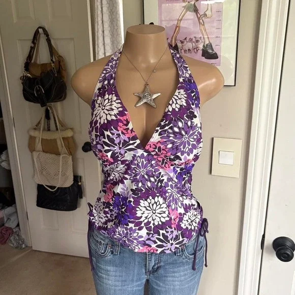 Y2K 2000s Purple Floral Halter Top