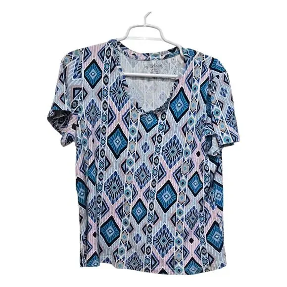 Chicos Geometric Print Top Size 2 Large Blue V Neck Cotton