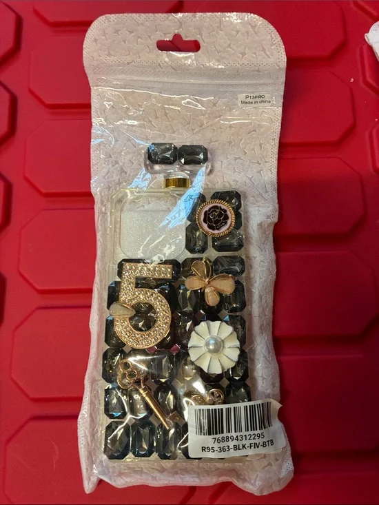 Source Unknown Black Jeweled Phone Case with Gold and White Accents
