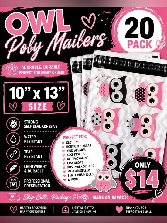 ★ 20 Owl Poly Mailers 10x13 Cute Boutique Shipping Bags Pink Black