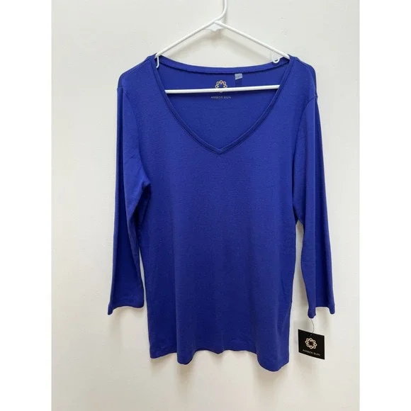 NWT Amber Sun 100% cotton 3/4 sleeve blue t-shirt soft comfortable casual