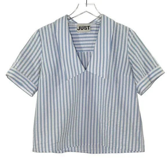 Just Female Seersucker Blue and White Striped Blouse