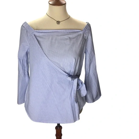 Thread & Supply Striped Cotton Top Blouse Sz L Blue White Bell Sleeve Nautical