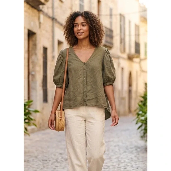 Express Olive Green Linen Blend Puff Sleeve V-Neck Blouse Size XL