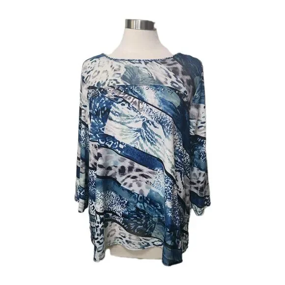 ALFRED DUNNER XL Blue Studded  Pullover 3/4 Slv Knit Stretch Semi-Sheer Neck