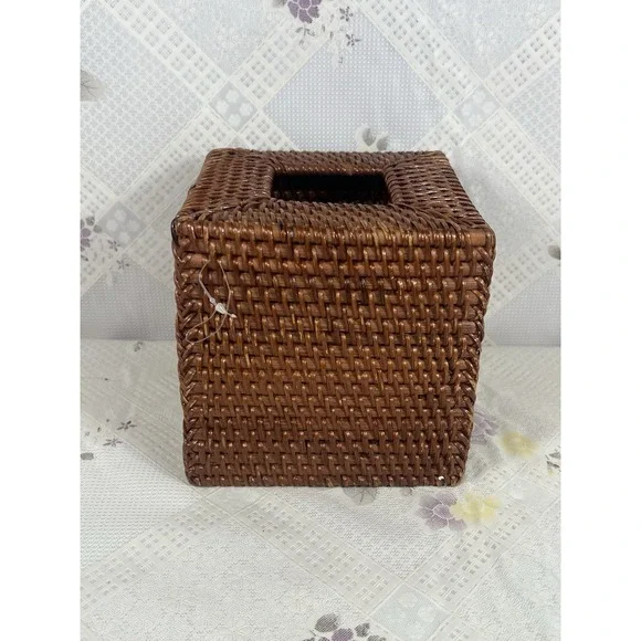 Vintage Wicker Rattan Wood Square Tissue Box Cover Holder‎ Tropical Coastal