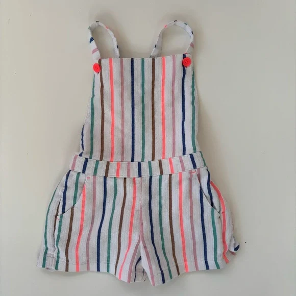 Mini Boden Little Girls Striped Rainbow Romper Shortalls Cotton Linen Size 5/6