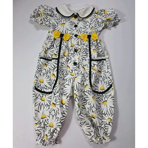 Vintage Baby Girls Daisy Floral Romper Yellow Bows Peter Pan 18-24M
