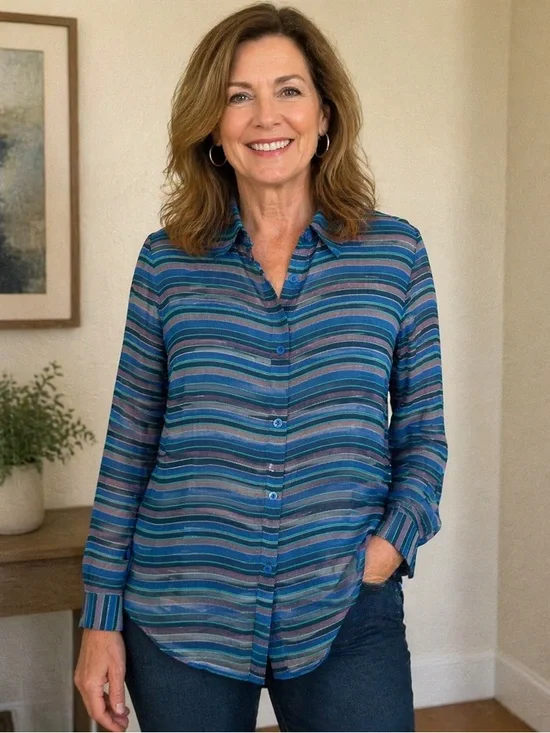 CABI Women’s Size XL Blue Striped Alex Semi-Sheer Long Sleeve Button Down Shirt