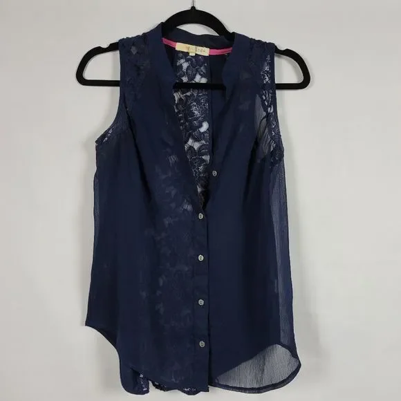 Rewind sheer and lace button up button down mixed media tank top size M